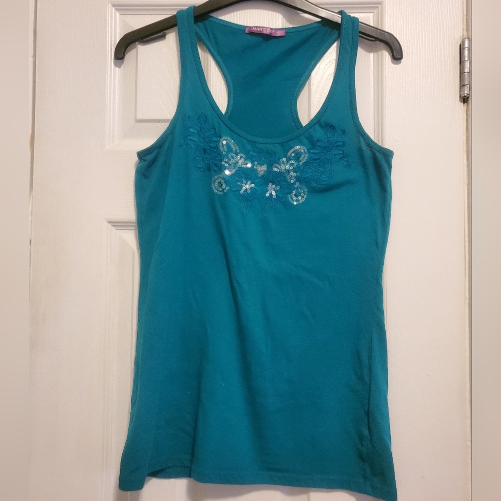 TEAL/TURQUOISE TANK TOP WITH SEQUINED DETAILING ON THE NECKLINE (XS)